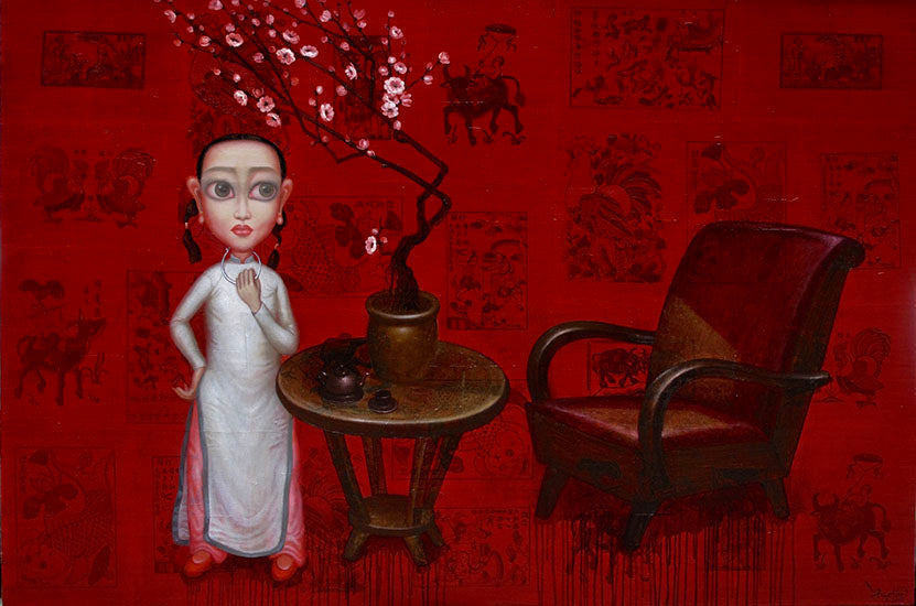 Bùi Thanh Tâm, Thiên đường bỏ ta đi - Mùa xuân đỏ của chúng em, sơn dầu trên tranh Đông Hồ trên toan, 120 x 180 cm. Ảnh thuộc phần trưng bày tác phẩm của trang Cthomas Gallery.